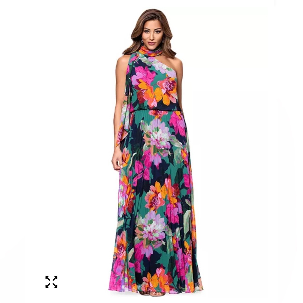 Xscape Navy Floral Halter Maxi Dress with Pink & Orange Blooms